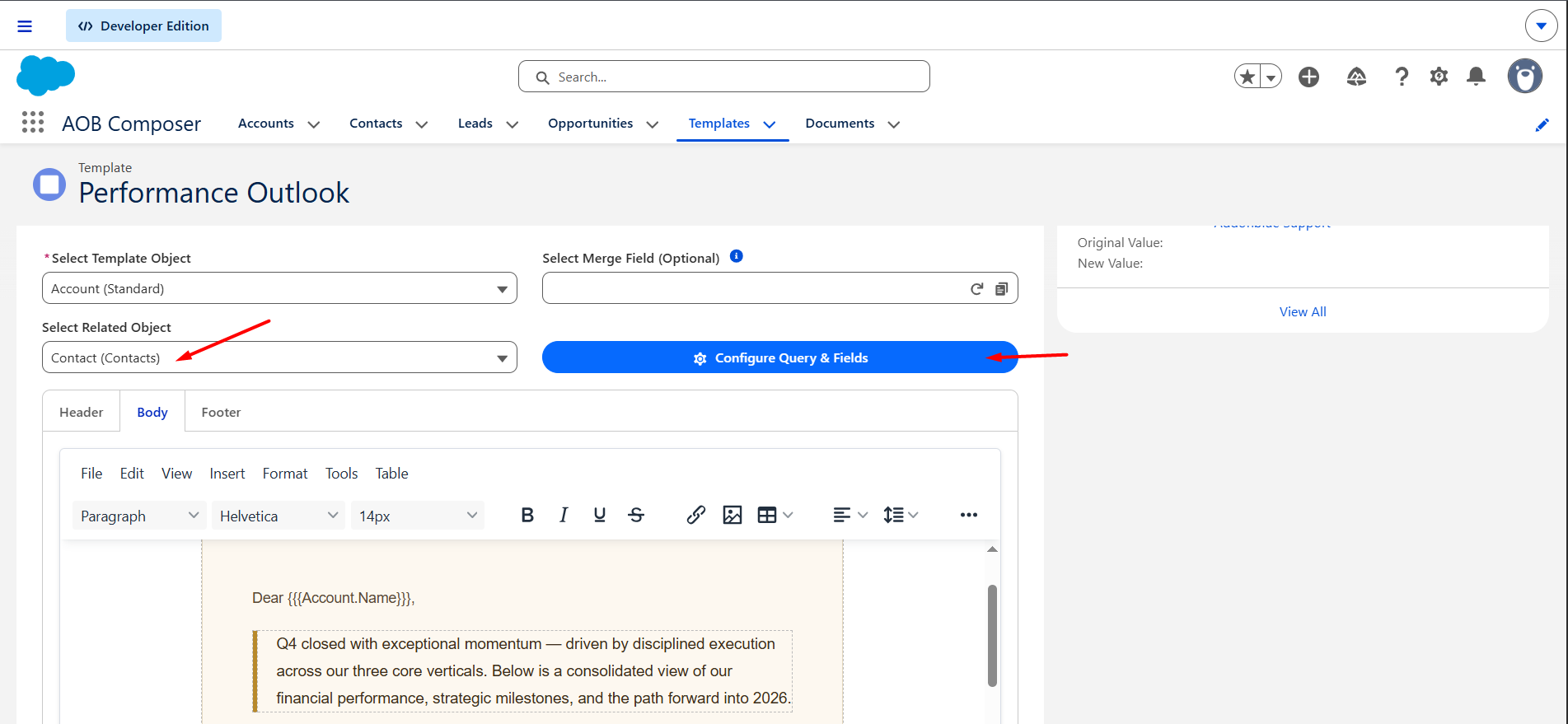 Add tables to the template: screenshot 1