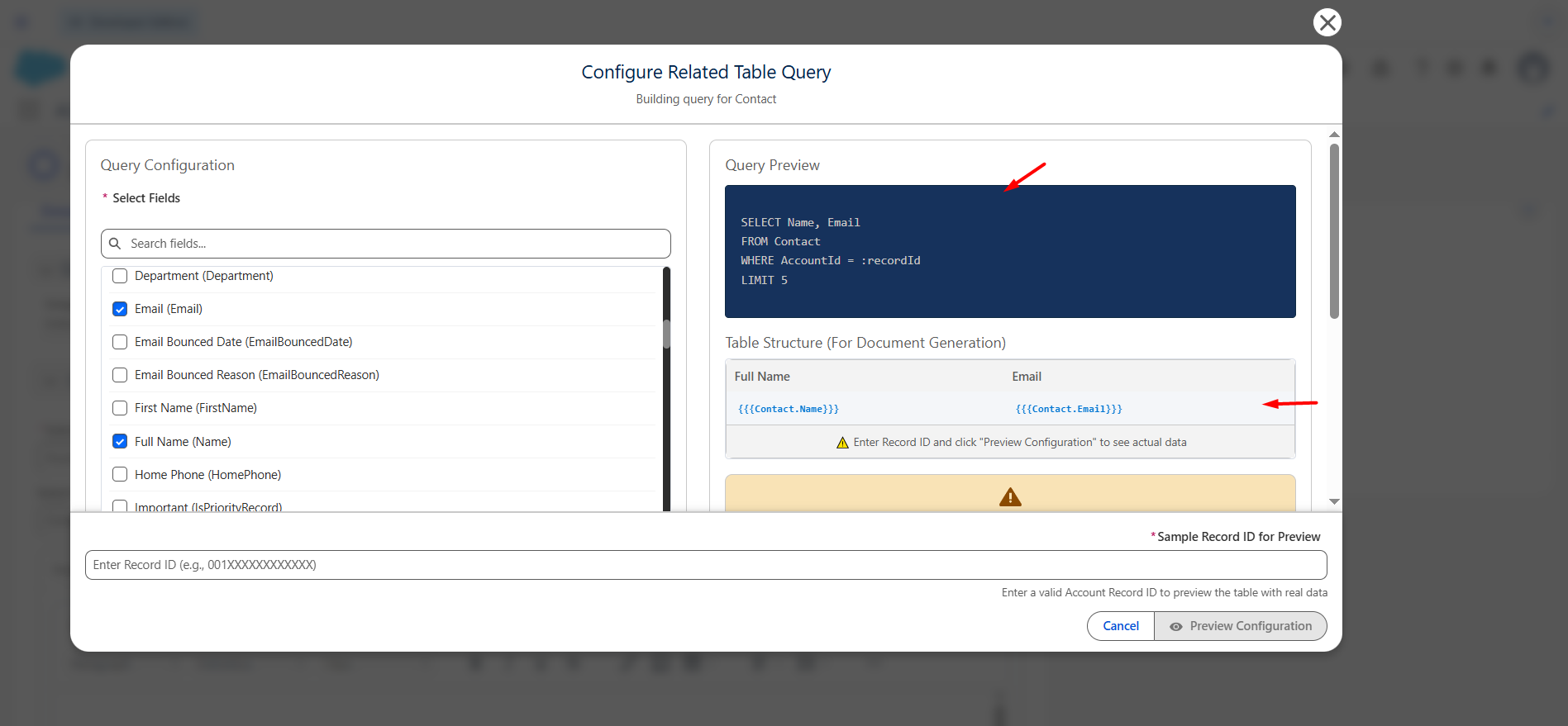 Add tables to the template: screenshot 2