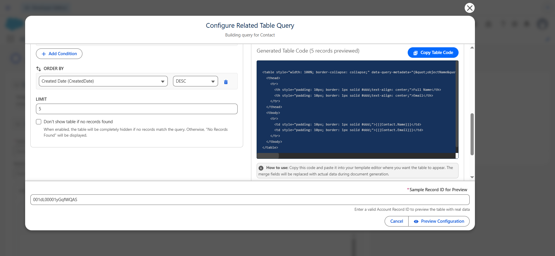 Add tables to the template: screenshot 8