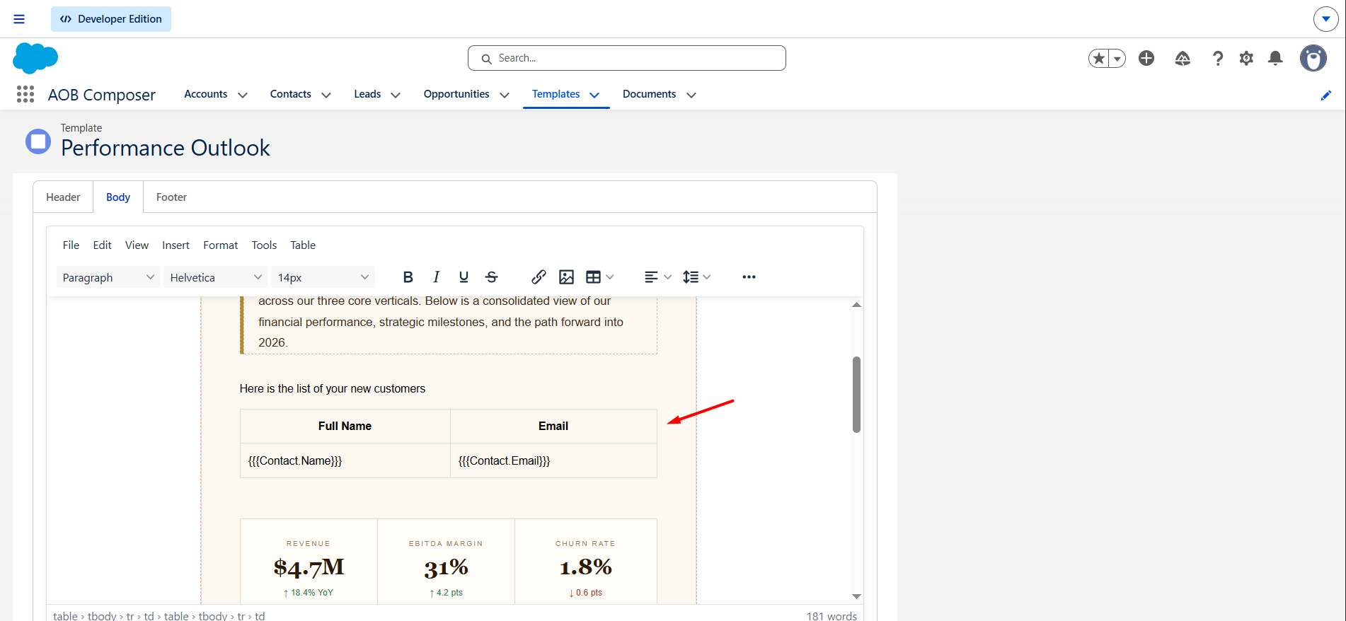 Add tables to the template: screenshot 9