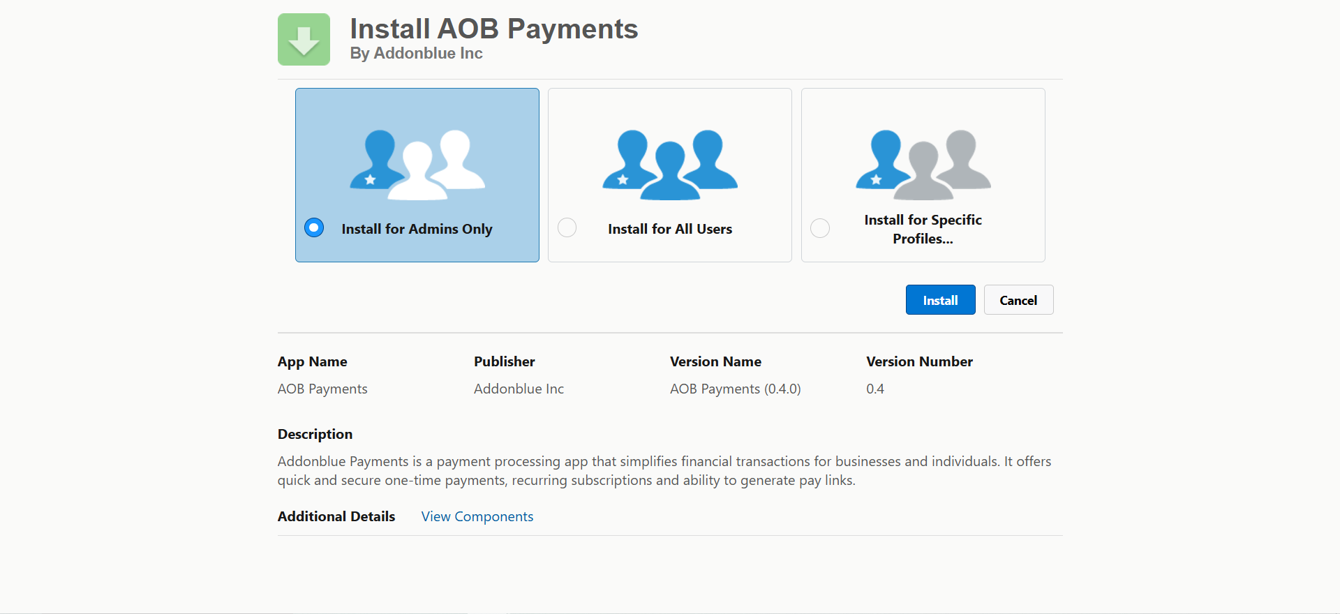 AOB Payments Installation: screenshot 1