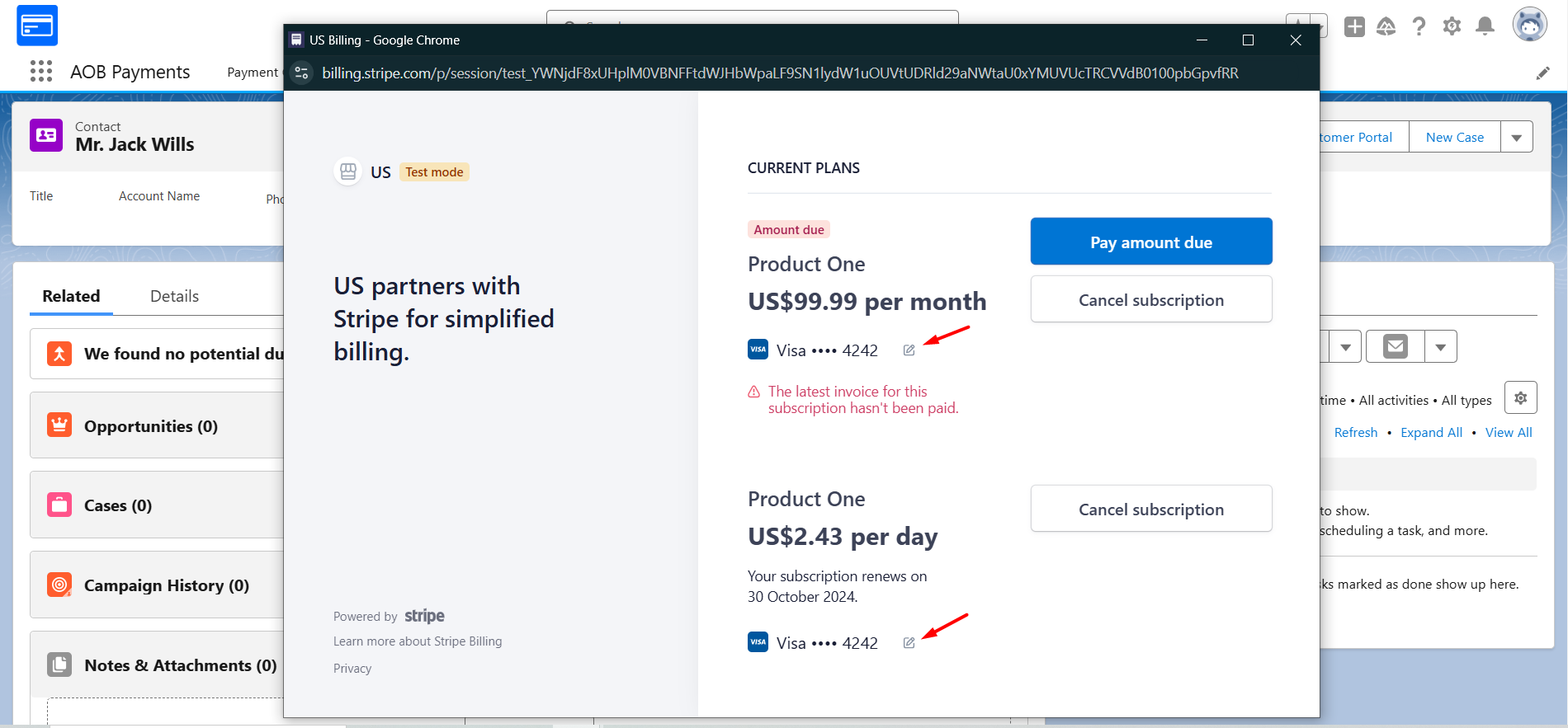 Modify Payment Method of Subscription from Customer Portal: screenshot 1
