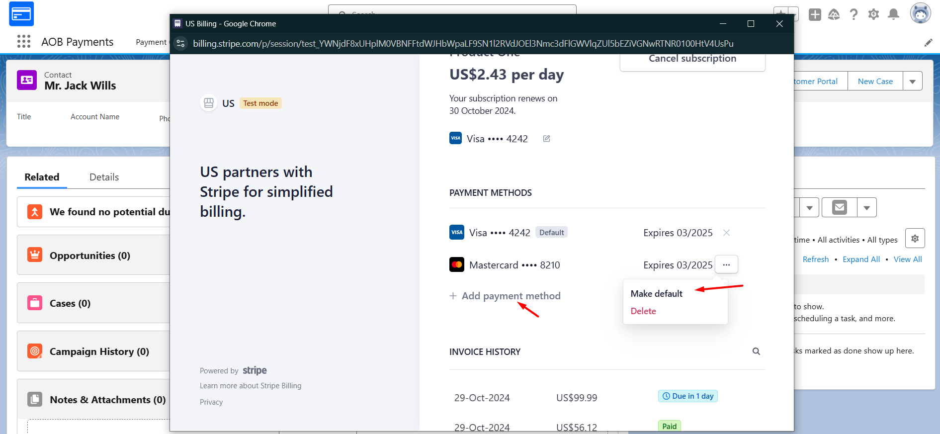 Modify Payment Method of Subscription from Customer Portal: screenshot 2